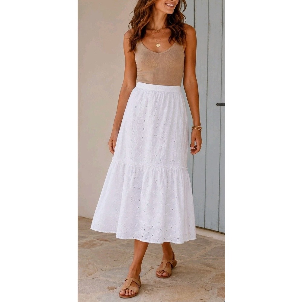 Calypso St Barth Skirt Womens L White Eyelet Cotton Midi Tiered Boho Romantic